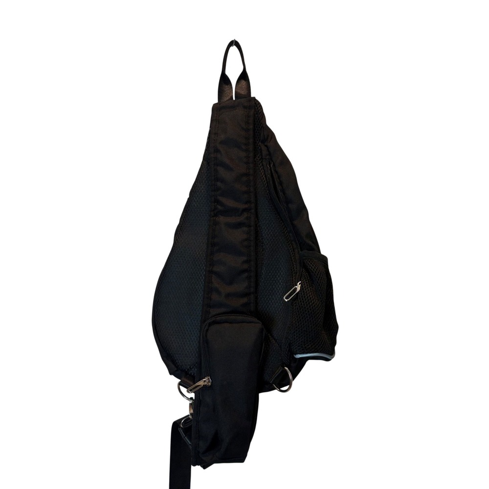 Black Sling Backpack Single Strap Crossbody Bag Reflective Trim Travel Daypack - Picture 2 of 10